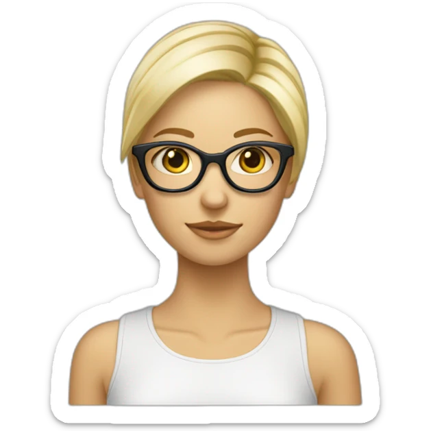 Une fille blonde avec des lunettes cheveux attachés et haut blanc sticker