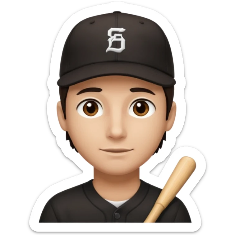 male, dark brown hair, dark brown eyes, fair skin, black baseball hat, no smile sticker