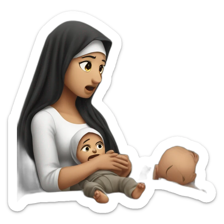 photorealistic angry arab in palestinian outfit looking at baby in crib sticker