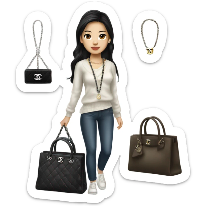 Realistic Dark hair Chanel Asian Girl with Birkin bag and Chanel necklace sticker