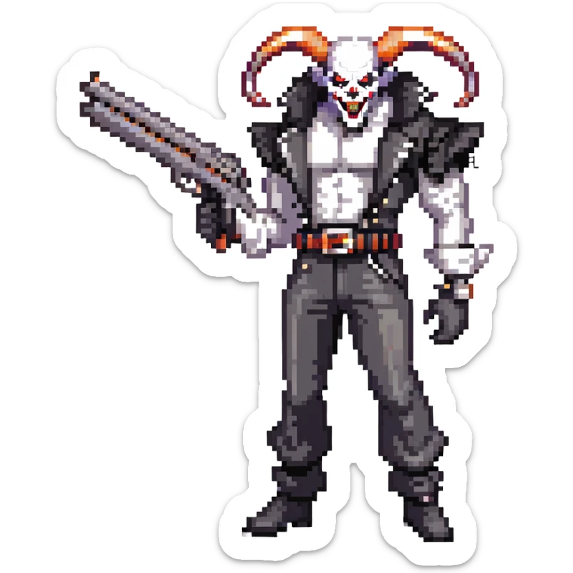 full-body muscular demonic clown in a black and white leisure suit with bellbottom pants, bald, with black ram horns, flashy black and white belt, ruffled white shirt, no neck tie, large fangs, holding a very large futuristic rifle sticker