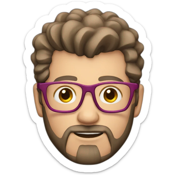 white man with brown beard and pink mohawk haircut and thick glasses wearing a leather coat sticker