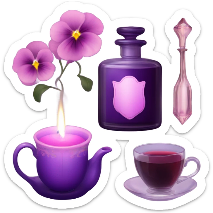 A cozy aesthetic: a dark purple candle in a glass jar, pink pansies, a violet vintage perfume bottle, and a pink cup of steaming tea. sticker
