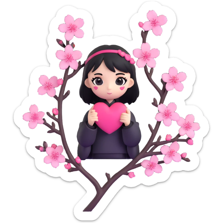 goth sakura heart, heart pierced by sakura branch, black and pink, elegant and moody sticker