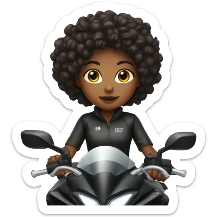 A brown skin girl with curly black hair on a black sports bike  sticker