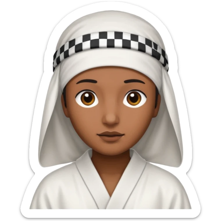 Una persona morena que solo se le vea la cara con una bata de arabe en la cara color blanco con cuadros negros en la cabeza  sticker