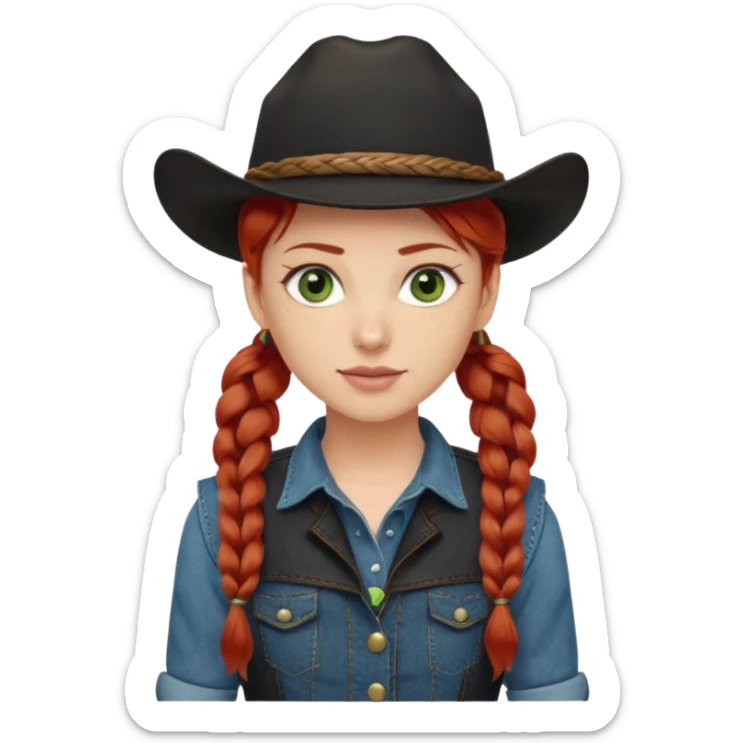 cowgirl with red hair in one braid over shoulder, green eyes, black hat  sticker
