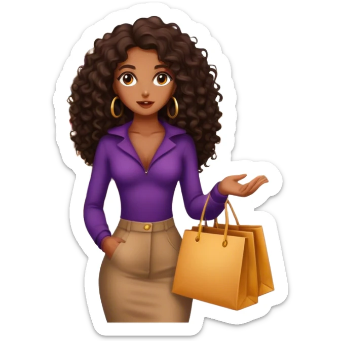 Rich dark brown girl with dark brown long curly hair expensive retail shopping  sticker