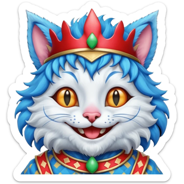 crazy colorful cute little cat jolly joker from poker, medieval, vintage, court jester, mac os squared icon, blue color sticker
