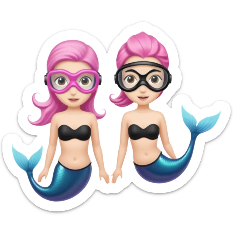2 Mermaids one wearing a light pink snorkel mask and the other wearing black snorkel mask sticker