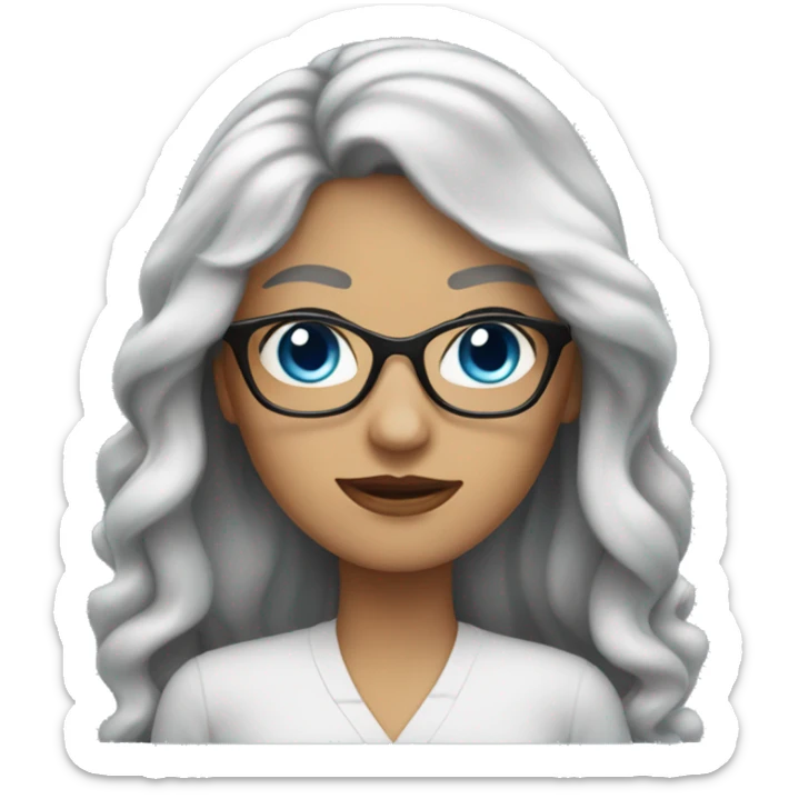 woman with black wavy long hair and blue eyes with glasses sticker