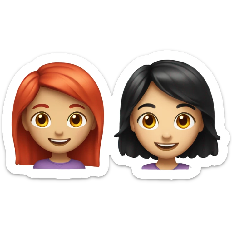 Create an emoji featuring a young girl with black hair and fair skin, and an adult woman with red hair and fair skin standing side by side. Both characters should be smiling and looking cheerful.
 sticker