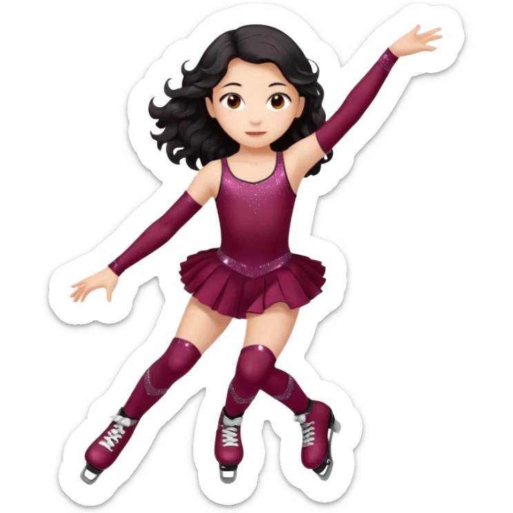 Una patinadora de 12 años y es morena de pelo y lleva un mallott granate con brillos y esta patinando con patines de ruedas en linea y su piel es clara y el pelo es largo negro ondulado e mallot tiene falda sticker