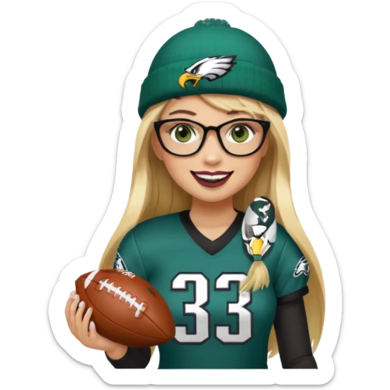 full length women wearing eagles uniform, long straight blonde hair, bangs, green eyes, black rectangle glasses, holding football, number 33, smiling, lipstick, eagles beanie sticker