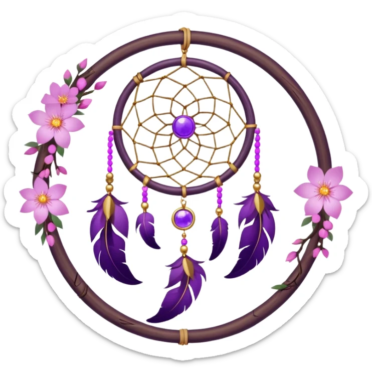 A white-wooden-circle-framed Dreamcatcher. with purple-round-orbs, gold-rings hanging down. purple flowers, pink sakura flowers, sticker