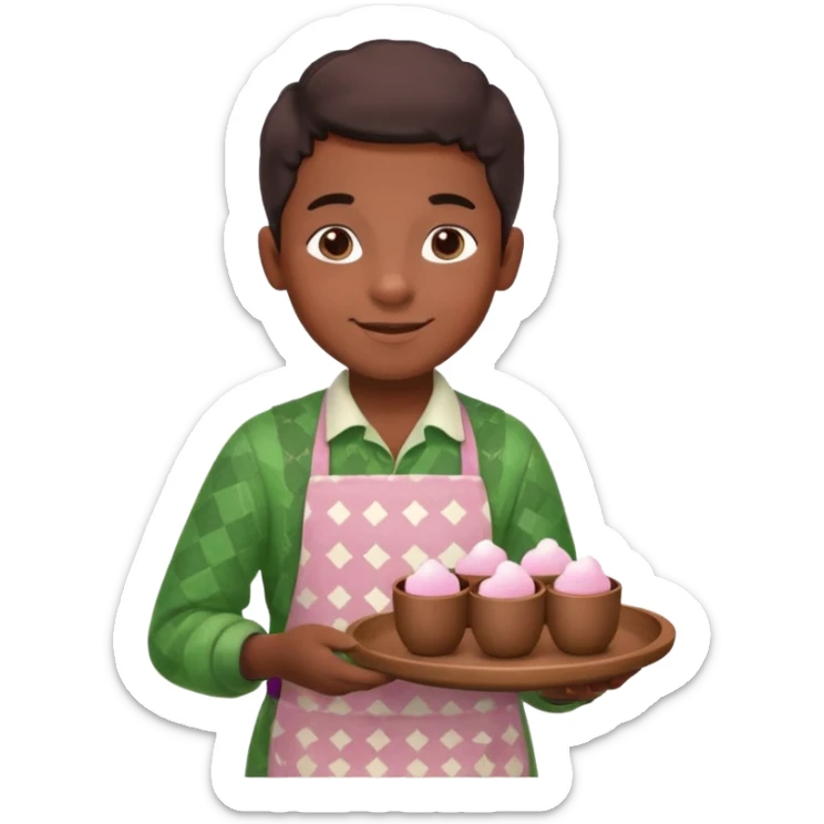 A young black vendor boy with pink cheeks, holding a tray of marshmallow-topped cocoa wearign green patterned apron sticker