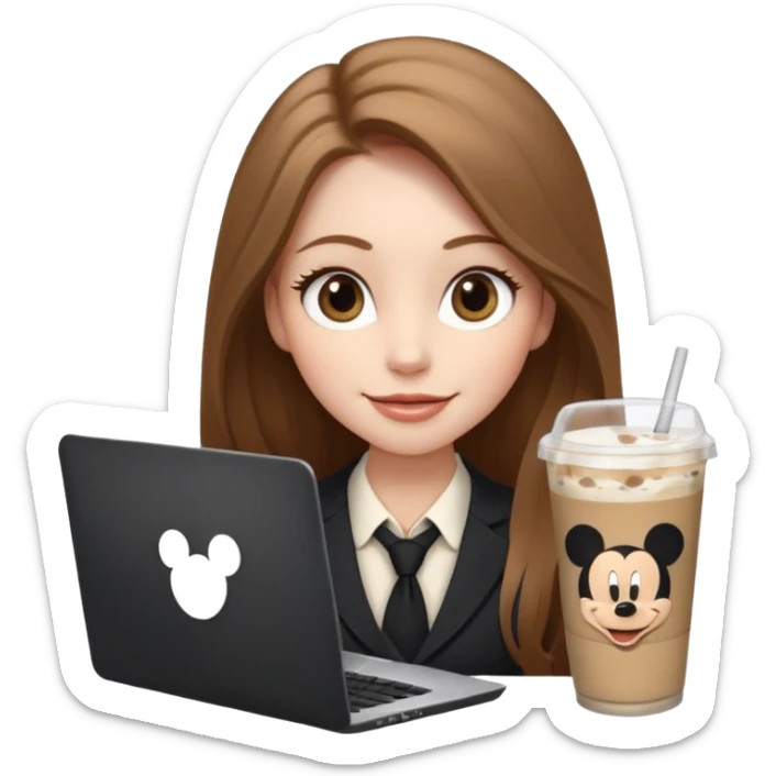 Women in front of laptop has a Mickey sticker, with a happy face, face a little fuller, long light brown hair, light brown big eyes, light pale skin with a iced coffee on the side, business attire sticker