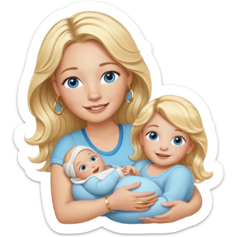 Wavy blonde, white woman with blue eyes, freckles hoop earrings, holding babies smiling and really cute in gold hoops she needs to be holding three newborns, and she needs to be more cute than pretty sticker