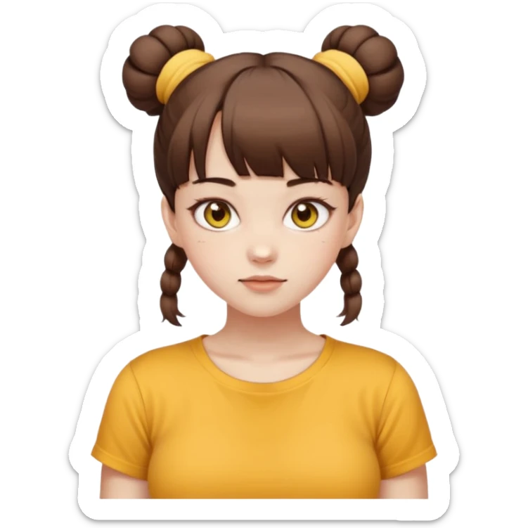 beautiful girl with brown hair with up twin buns style only, straight bangs, yellow eyes, milk brown tshirt, white skin, her body is a little fat  sticker