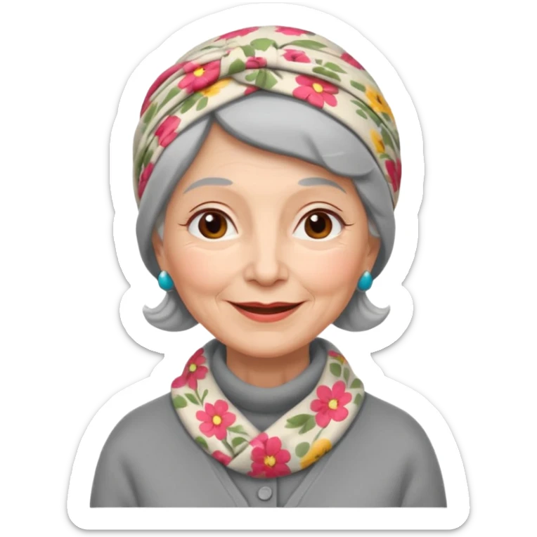 A kind old Soviet village grandmother emoji — elderly woman wearing a floral headscarf tied under her chin, simple gray cardigan, warm smile, friendly face, flat emoji style, minimal Apple-like design. sticker