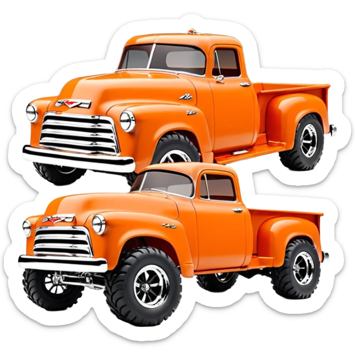 1:10 off-road lcg smoking orange Arrma Traxxas Basher Wednesday Adam’s 1954 blackened tarnished hotrod utility streamlined anime Chevrolet extended cab rc pickup (extra wide low-profile pin tires chrome wheels with fenders) sticker