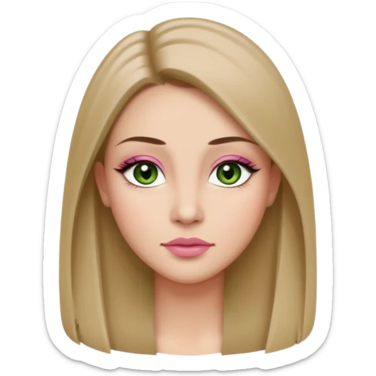 ,Adult woman avatar, light skin tone, oval face, long straight ash-brown hair, green almond-shaped eyes with dramatic eyelashes and minimal eyeliner, neutral mouth, medium straight eyebrows, small nose, natural pink lips, smooth skin with light natural blush sticker