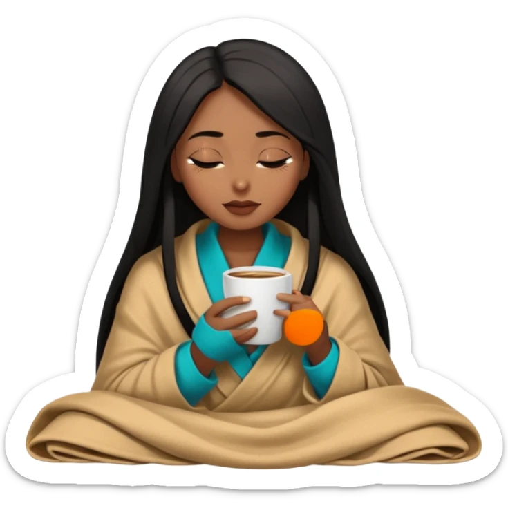Chocolate brown girl with long straight jet black hair wrapped inside a tan blanket sipping coffee eyes closed sticker