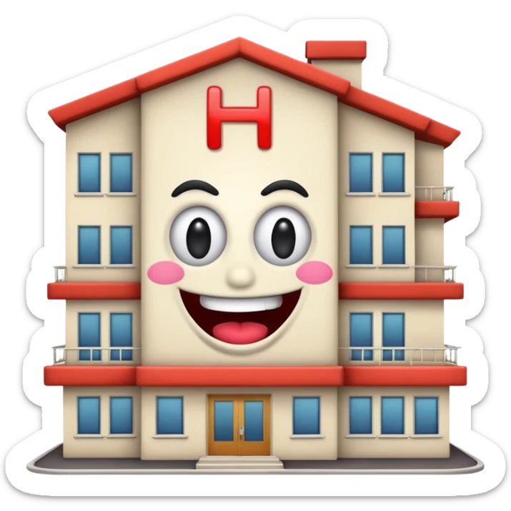 dessiner un batiment Hotel, met une pancarte "H", rajoute un visage (yeux et bouche)de fou sticker