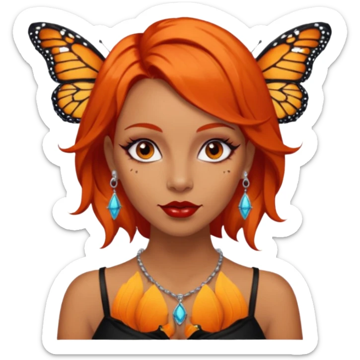 A siren with dark orange hair, red lips, dark eyes, nice eyelashes, bunch of ear piercings, a necklace and only one Monarch butterfly on her shoulder sticker