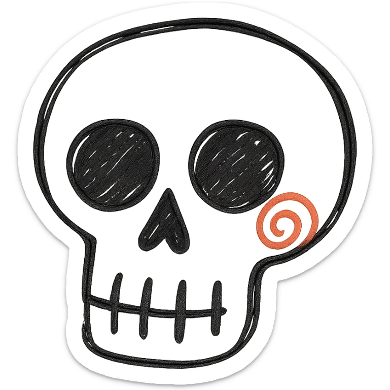 Add a red spiral to the cheek of the skull, keep the hand drawn style with expressive linework, no fill, preserve transparent background. sticker