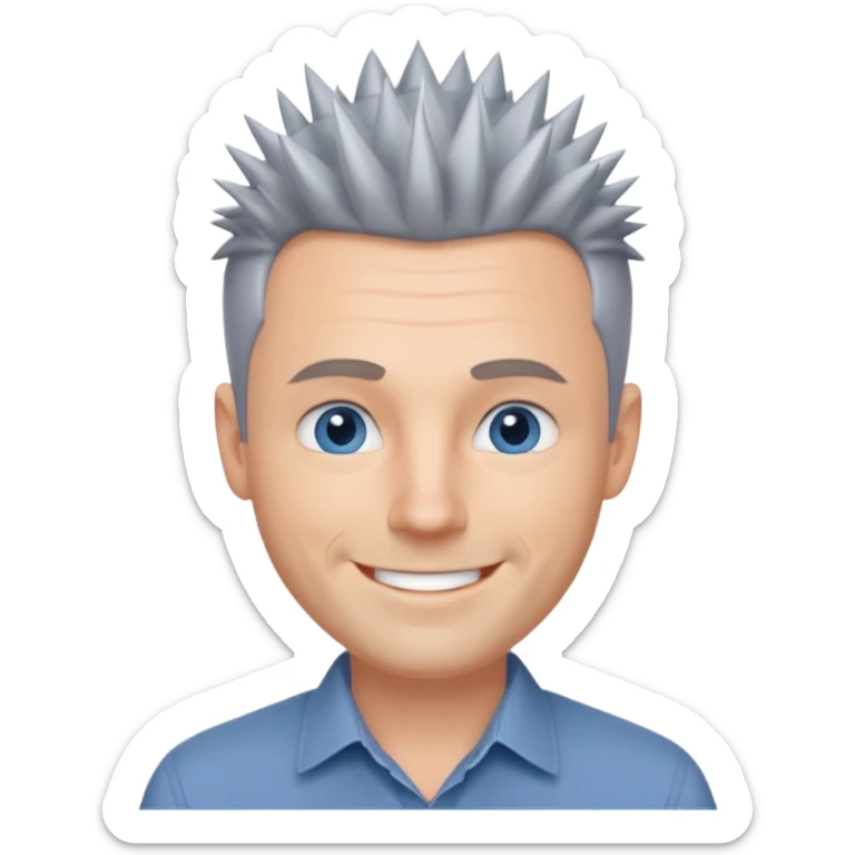 40 yr old white man short spike hair grey dress shirt blue eyes sticker