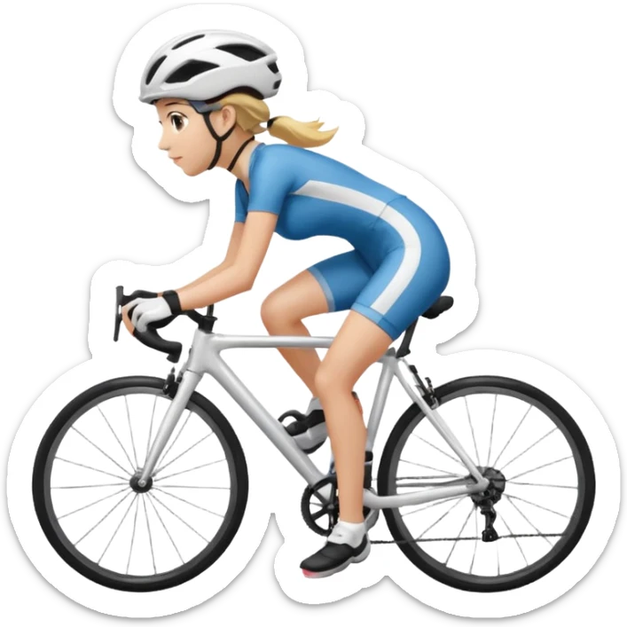 girl riding a road bike, wearing sportswear and a helmet sticker