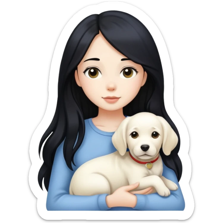 A beautiful girl with long black hair and fair skin is holding a white Labrador sticker