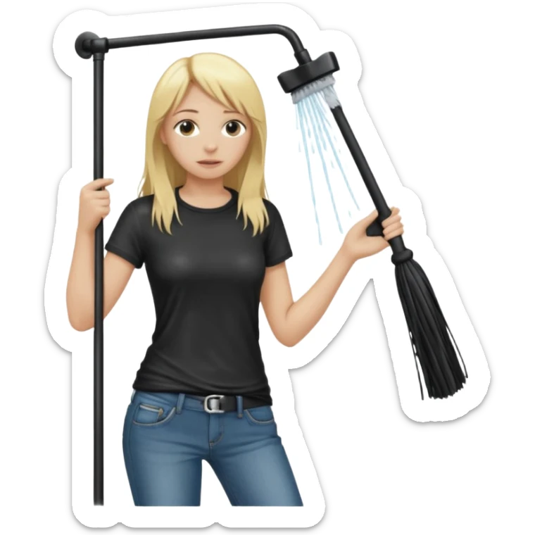 Bdsm male dominant wearing jeans black T-shirt and holding a flogger watching from outside blonde long hair sub with a collar showering with suds all over her sticker