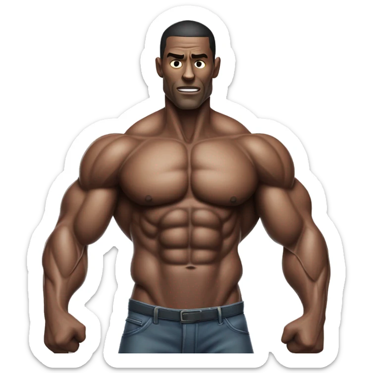 A muscular man with veins visible across his chest, but his arms are extremely thin, creating a striking contrast with his well-defined six-pack. His exaggerated physique, with unusually thin arms, creates a surreal and intense visual. sticker