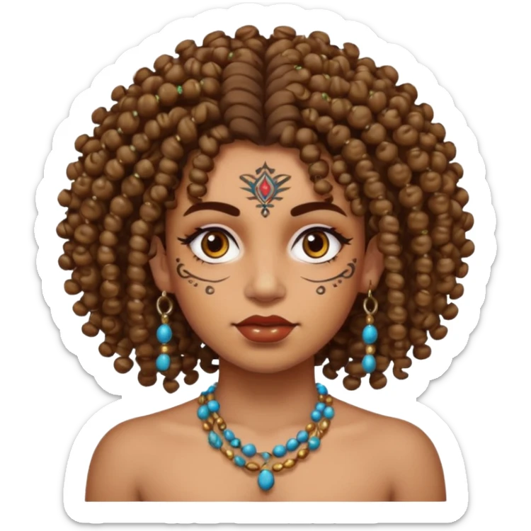 curly haired and heavy face tattoed person with a unique face and style, beads in hair sticker