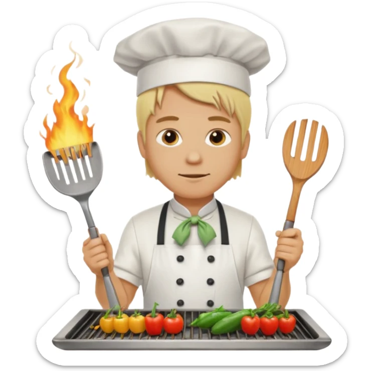 man with tied blond hair and and a white apron grilling vegetables on a sizzling grill sticker