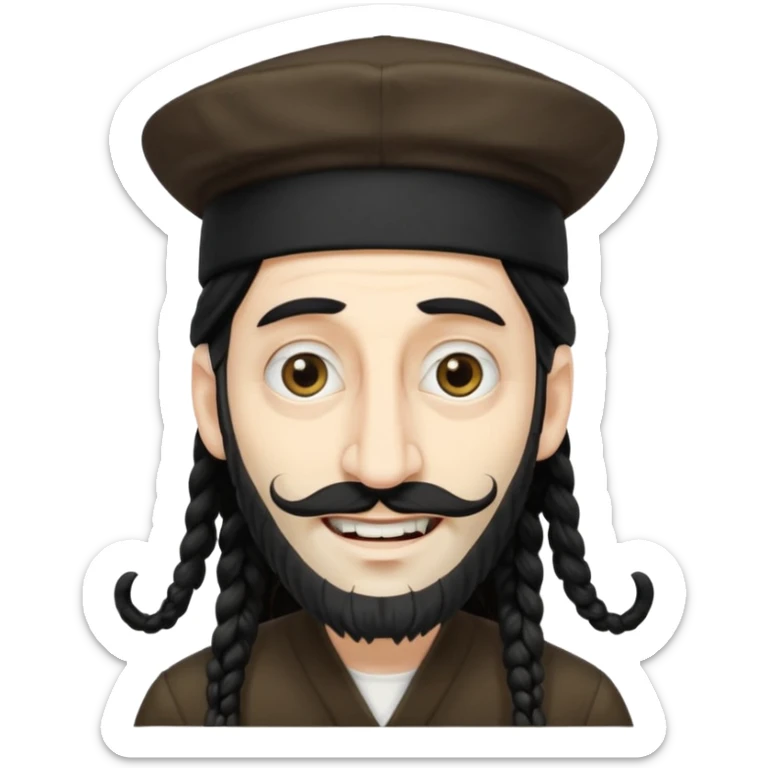 Jewish white man emoji with long dread black hair on the sides and jewish judaism hat, long big nose and crooked teeth sticker