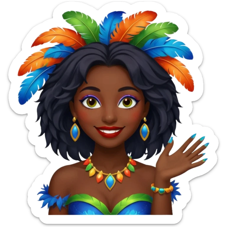i need the same girl in "dark skin girl, dark red lipstick, nails very beautiful" to be smiling in "carnival mas costume, blue, green and orange preferably, full costume feathers at the back" she is to be smiling, hair should be dark shoulder length, black nail polish on her fingers  sticker