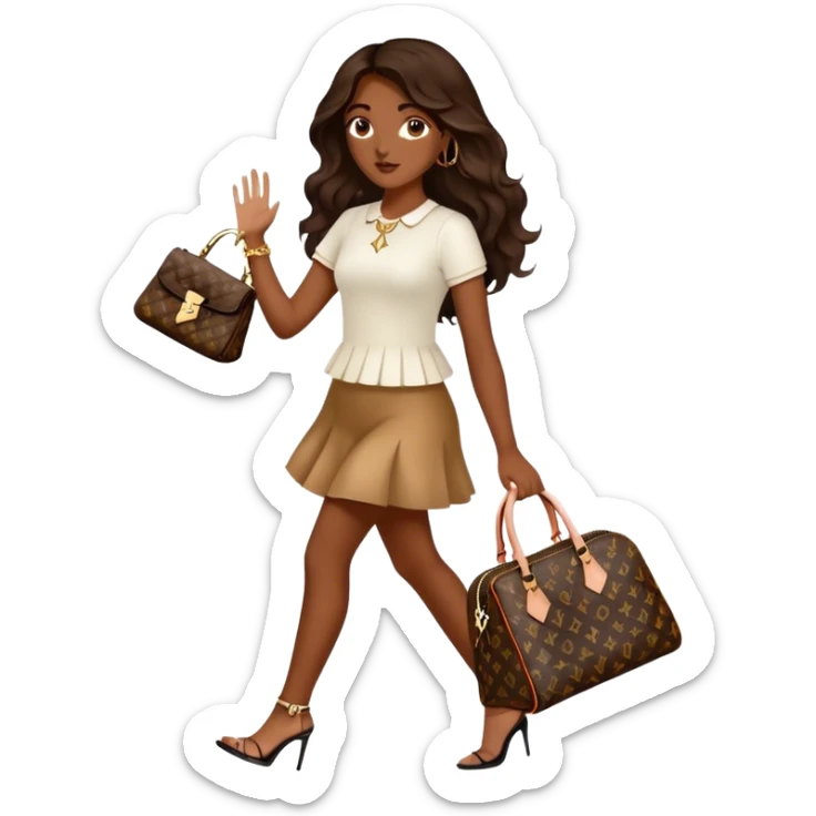  Brown girl with long dark brown medium wavy hair carrying one Louis Vuitton purse on her arm while walking  sticker