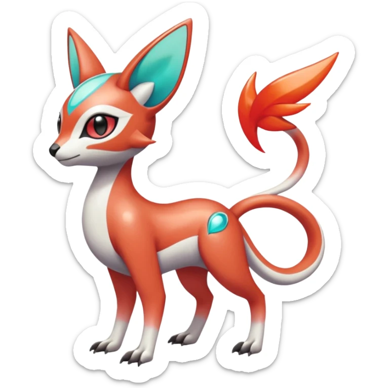 Shiny exotic animalistic feral Colorful glowing glossy smooth soft silky Futuristic Cyber-Vernid-Trico-Meloetta-Latias-Koraidon-Peppercat-Protogen-Pokémon-Digimon-Fakémon-fusion-hybrid-creature sticker
