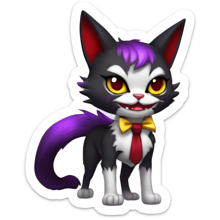 Cute-Evil-Vampiric-Batty-Cat-Black-Purple-Red-Yellow-Contrast-Colors-Fantasy-Fur-Sona-Chibi-Shiny-Fakémon-Hybrid with horns and big fangs neck bow white tie leg spats full body sticker
