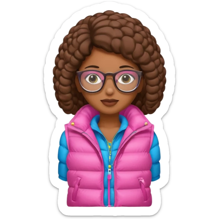 brown skin woman with glasses pink puffer vest sticker