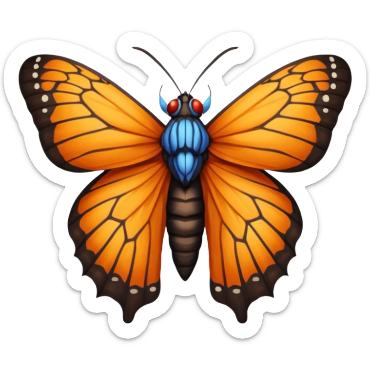 moth with blue eyes mornach butterfly wings orange and yellow with red godzilla eyes on the wings, brown tail, black Moth Insect Arms and legs almost like mothra sticker
