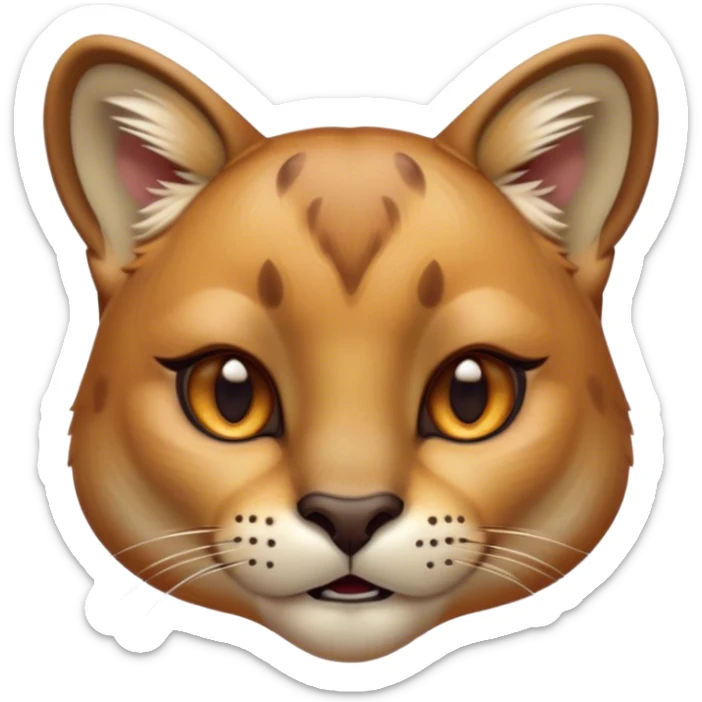 Cinematic Cute Cougar Portrait Emoji, Head tilted playfully and inquisitively, featuring a glossy, tawny Fur with delicate dark markings and round, sparkling amber eyes filled with curious mischief, Simplified yet irresistibly adorable features, highly detailed, glowing with a warm, friendly glow, high shine, affectionate and agile, stylized with a touch of wilderness whimsy, bright and endearing, soft glowing outline, capturing the essence of a mischievous yet loving cougar, so playful it feels like it could prowl out of the screen and into your arms! sticker