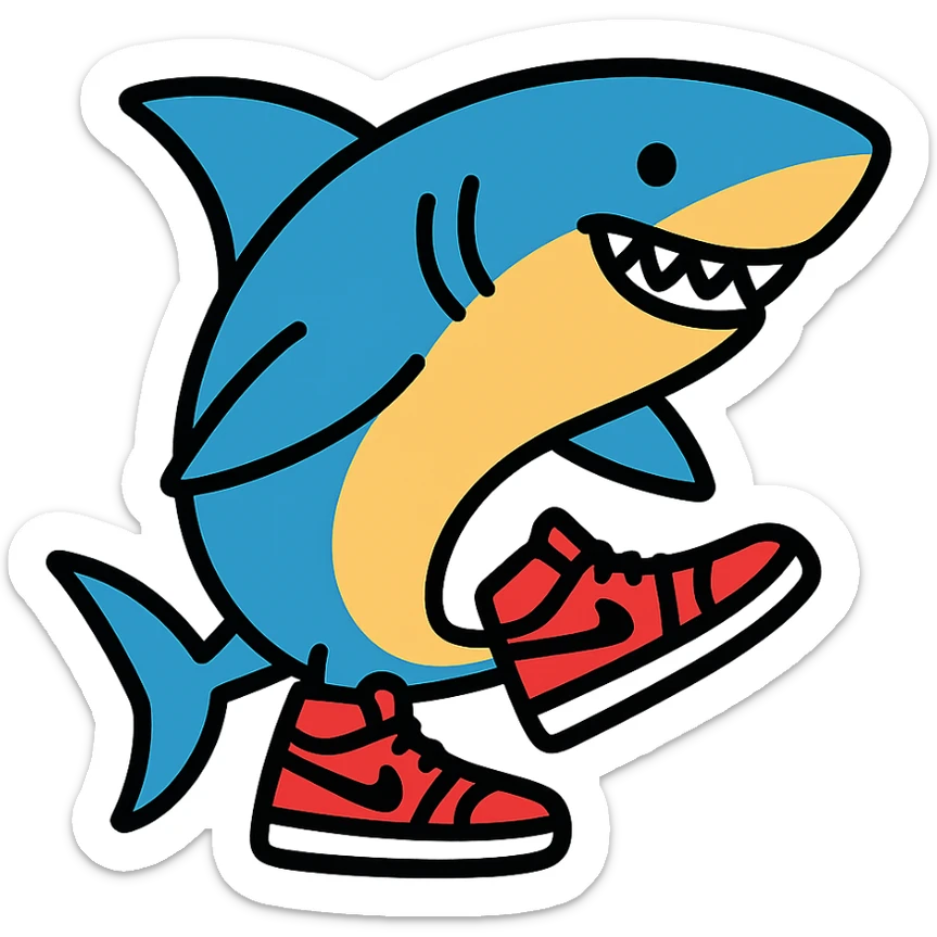 fun and bold colored outlined icon of a shark wearing Air Jordans on its fins and tail sticker