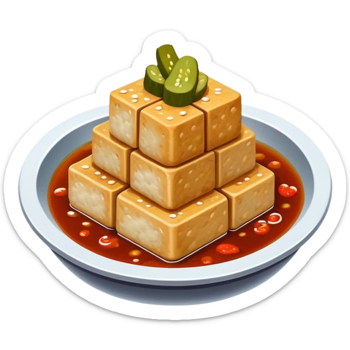 Stinky Tofu with sauce and pickles, simplified emoji style with bold outlines and bright colors, cartoon style dark fermented Chinese street food with steam sticker