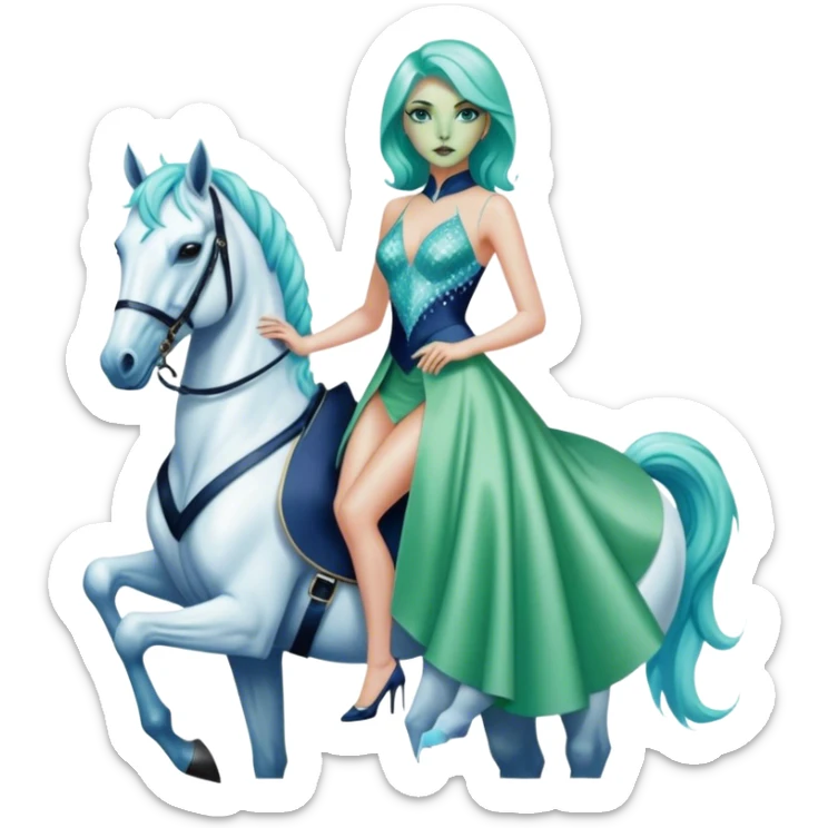 alien reptilian green skin woman, in short slim pastel blue formal party satin dress with gradient shiny sparkling navy blue diamonds embroidered , ride a White horse sticker