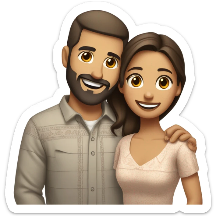 Brown-haired Puerto Rican woman with dark brown eyes wearing a cute blouse giving a comforting hug to a short, bald man with brown eyes, laugh lines, and a beard sticker