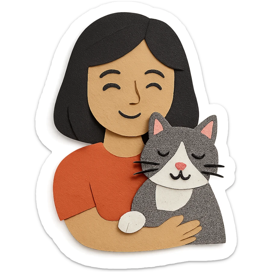 mulher de cabelo preto com gato frajola cinza em estilo paper craft sticker